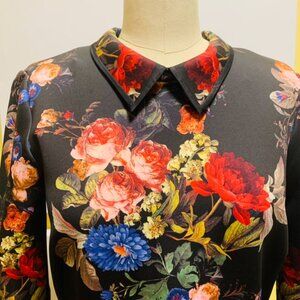 ERIN FETHERSTON MIDI DRESS,  SCUBA MATERIAL, FLORAL PRINT,  ZIPPER IN THE BACK,